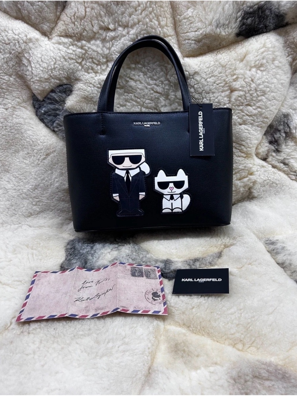 Karl Lagerfeld Black Pebble Leather Tote with Karl & Choupette Patch
